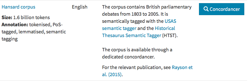 Description of the Hansard corpus in the CLARIN resource families with hyperlinks to the concordance, tools used to annotate the corpus and the key publication about how the corpus was built.