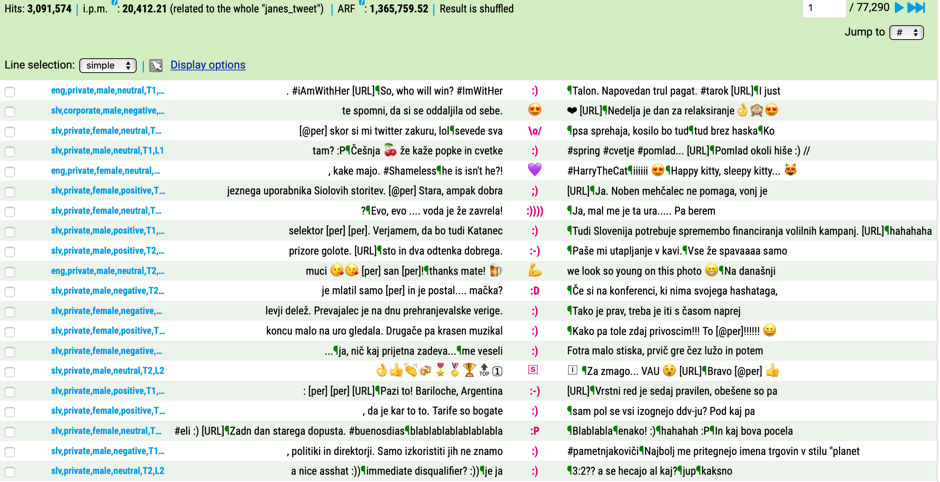 Figure 23. The KWIC (“Keyword in Context”) view of the emoticons and emoji in the corpus.